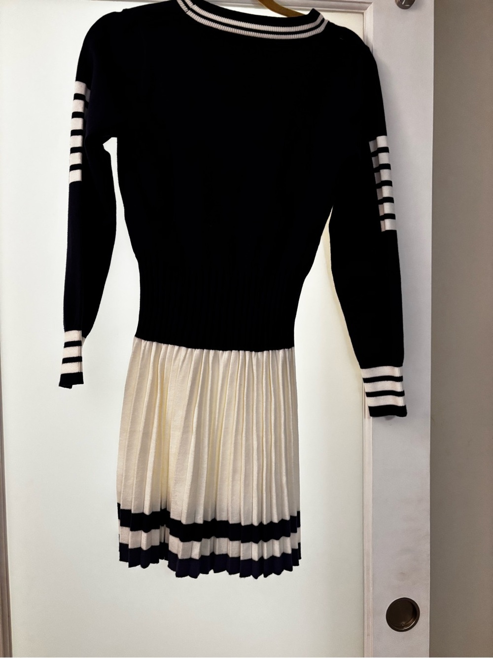 Navy and Cream Long Sleeve Pleated Knit Dress with Stripe Detail